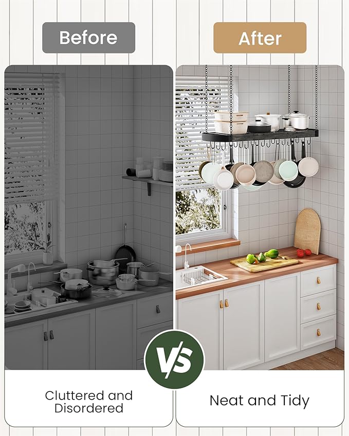 39.4-Inch Hanging Pot Rack, Space-Saving Pot Hanger for Kitchen, Ceiling Pan Hanging Rack with 16 Detachable S Hooks, Sturdy Metal Frame, Industrial Style, Charcoal Black and Black TPR10BC