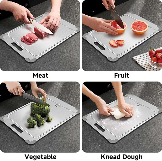 3Pcs 100% Pure Titanium Cutting Board with Grooves, Update Double Side Titanium Chopping Board, Silicone Anti-slip Stainless Cutting Boards Set for Kitchen, Grey