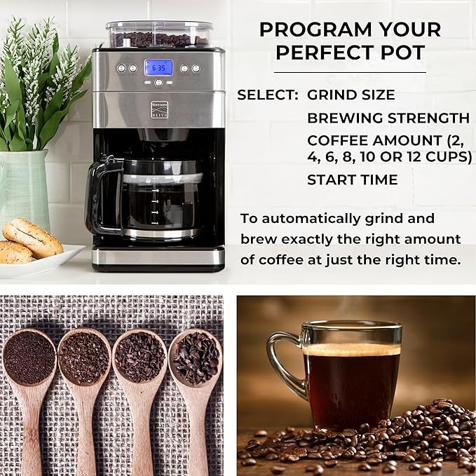 Kenmore Elite Grind and Brew Coffee Maker with Built‑In Burr Grinder, Automatic Drip Machine, 12‑Cup Programmable Brewer, Bean‑to‑Cup Cafetera, Stainless Steel Coffee Maker for Home & Office