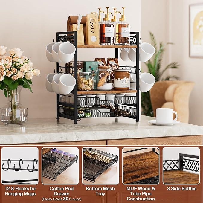 Coffee Bar Organizer Countertop Station Shelf, 4 Tier Mug Cup Holder Stand with 12 Hooks, 30 K Cup Coffee Pod Holder, Multifunctional Coffee Shelf Organizer for Accessories Station Kitchen