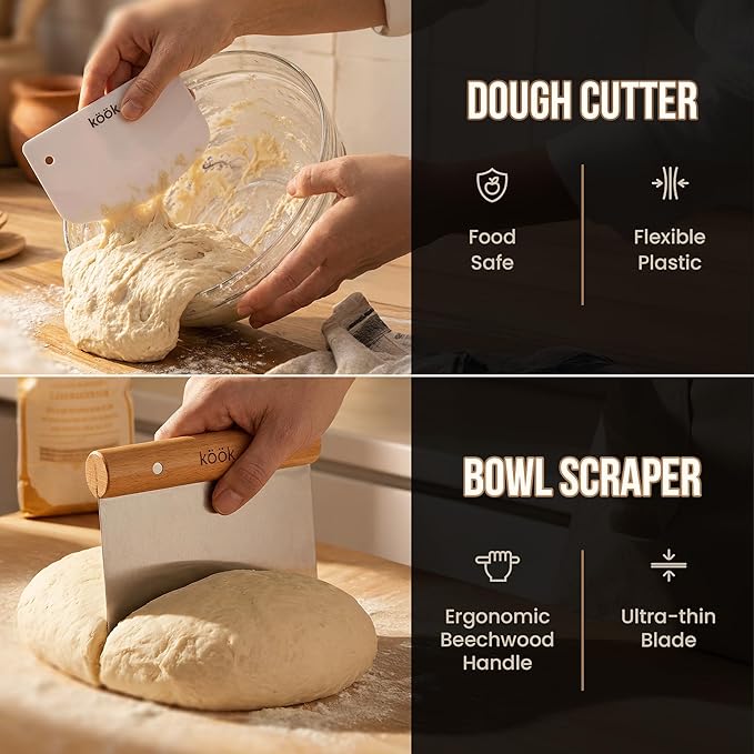 Kook Banneton Bread Proofing Set, Artisan Sourdough Bread Making Kit with Round & Oval Rattan Baskets, Liners, Dough Scrapers, Scoring Lame + Blades, Brush & Dough Cover (Set of 2)