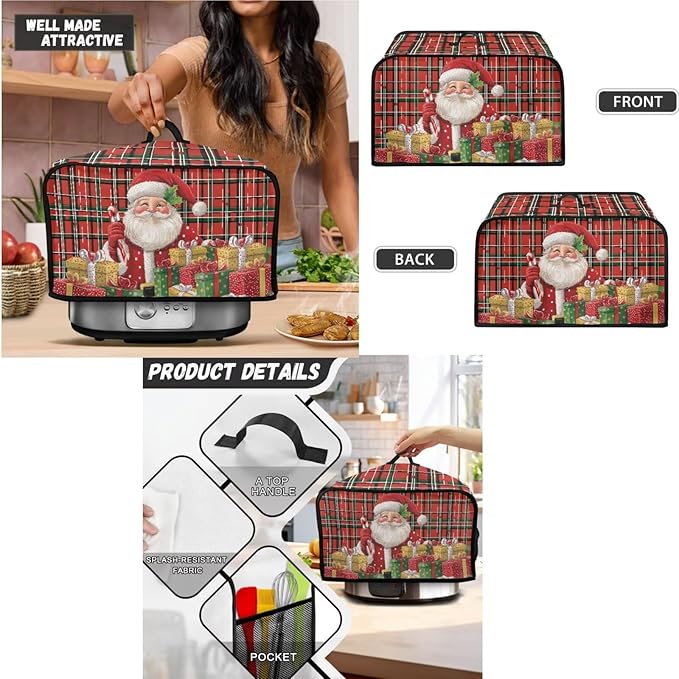 Santa Plaid Pattern Toaster Covers 2 Slice Wide Slot,3Pcs Set Christmas Bread Machine Cover Slow Cookers Cover Blender Covers with Top Handle and Accessories Pocket Counter Decor (Red)