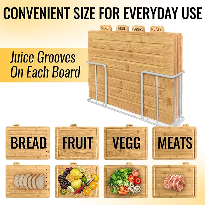 Wood Cutting Board Set with Holder 13"x11"x 3" | Wooden Cutting Boards for Kitchen | Labeled Chopping Board Sets | Large Bamboo Cutting Board Sets with Stand | Chopping Boards for Kitchen