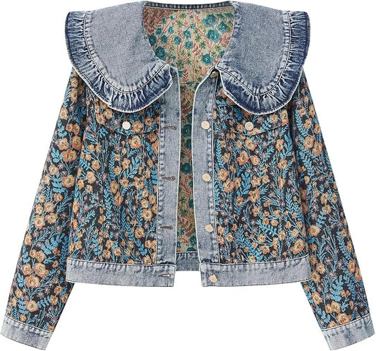 Xaspee Womens Peter Pan Collar Cropped Jean Jacket Embroidered Jacquard Long Sleeve Casual Floral Denim Jackets Coat