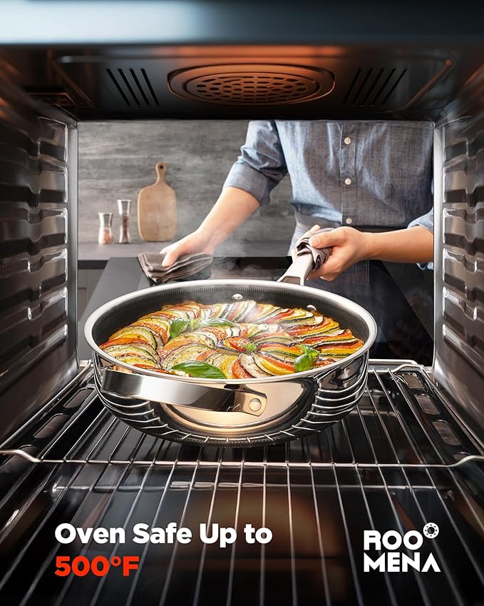 Saute Pan with Lid, Hybrid Ceramic Nonstick 12 Inch 5-Quart Tri-Ply Stainless Steel Skillet, PFAS/PFOA/PTFE Free, Metal Utensil Safe, Dishwasher & Oven Safe, Induction Compatible