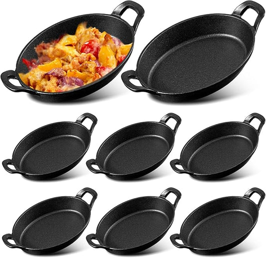 Mifoci 8 Pack Mini Cast Iron Skillet, 8.5" x 6.1" Oval Sizzling Steak Plate Pan Small Ramekin Set Black Casserole Dish for Stove Oven Grill Restaurant Kitchen Indoor Outdoor Picnic