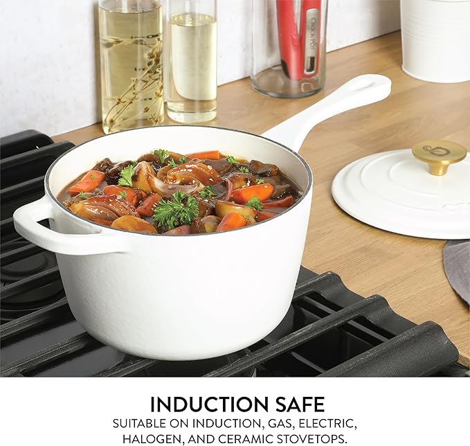 Crock-Pot 3-Quart European Enameled Cast Iron Saucepan with Lid – Matte Linen White, Durable Oven Safe Cookware
