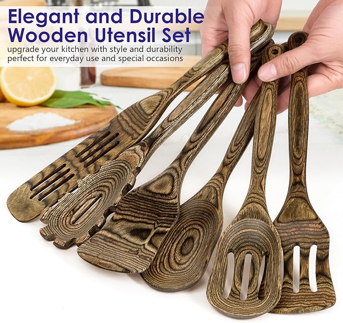 Wooden Spoons for Cooking, Pakkawood Kitchen Utensil Set Granite, Premium Durable Wooden Utensils for Nonstick Cookware, Heat Resistant, Smooth Finish, Comfortable Grip, 6 Piece
