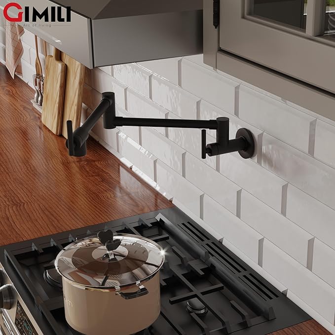 GIMILI Pot Filler Faucet Matte Black Wall Mount Folding Over Stove Double Joint Swing Arm Kitchen Faucet