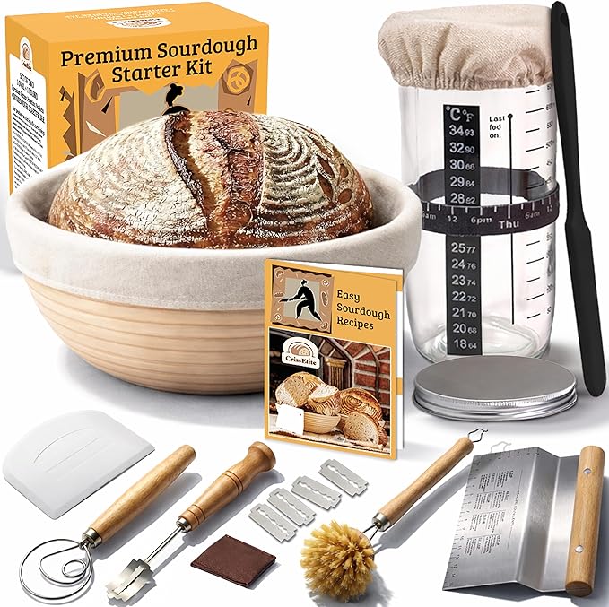 Sourdough Starter Kit for Beginners – Banneton Bread Proofing Basket Round 9” with 24oz Glass Sourdough Starter Jar & Sourdough Bread Baking Supplies