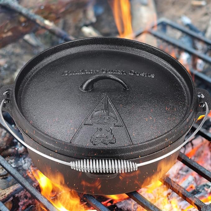 LIFERUN Dutch Oven Pot with Lid, 12 Quart Cast Iron Dutch Oven, without Feet, with Stand & Spiral-shaped Handle, Cast Iron Pot for Outdoor & Indoor, black