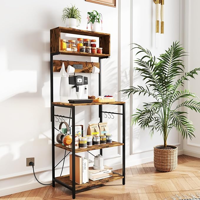 POWERSTONE 2 Kitchen Bakers Rack with Power Outlet, 5-Tier Coffee Bar Cabinet Microwave Stand with 10 S Hooks, Organizers and Storage for Kitchen, Living Room, Balcony & Office