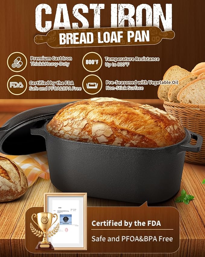 Oval Dutch Oven for Bread Baking, 3.6qt, Black, Up To 1000 ℉ Cast Iron Loaf Dutch Oven With Lid For Homemade Bread, Sourdough Bread Pan