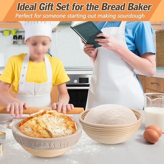 E-far Bread Proofing Basket Set of 2, 9 Inch Round Sourdough Bread Baking Supplies, Complete Sourdough Starter Kit for Beginners