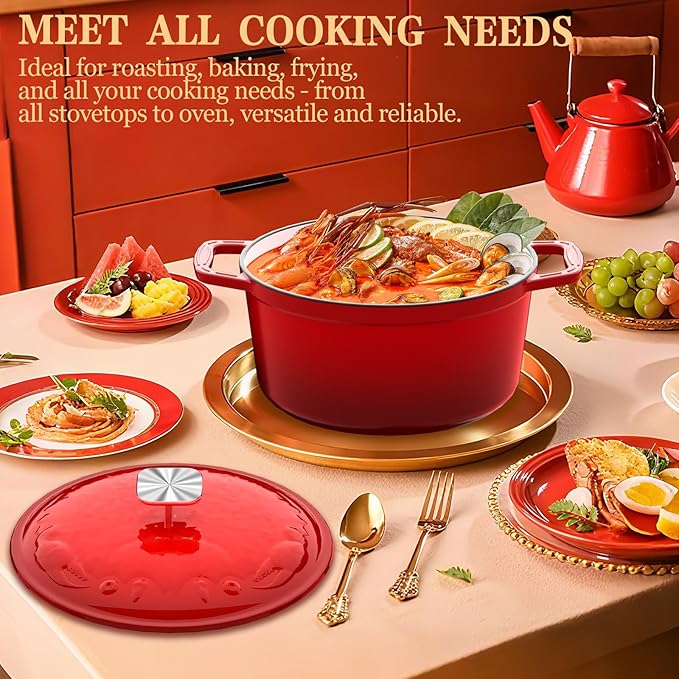 Enameled Cast Iron Dutch Oven - 5 Quart, Exclusive Designed Crab Lid, Oversized Knob, for Bread Baking Braiser Cooking - Red