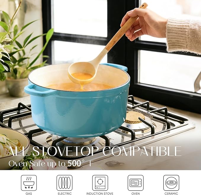 CAROTE 5QT Enameled Cast Iron Dutch Oven Pot with Lid, Heavy-Duty Dutch Ovens for Sourdough Bread Baking, Braising, Roasting, Dual Handles, Healthy & Non-Toxic, All Stovetop Compatible, Oven Safe up to 500° F, Macaron Blue
