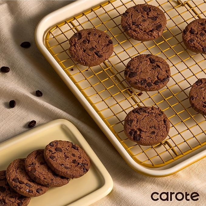 CAROTE 7-Piece Nonstick Ceramic Baking Pans Set - Bakeware Sets Including Cookie Sheets for Baking, Muffin Pan, Bread Pan, Cake pan, Loaf Pan, Roasting Pan, and Cooling Rack, Yellow & White