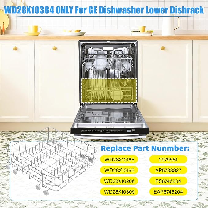 UPGRADED WD28X10384 Dishwasher Lower Rack(SS304) for General Electric GE Dishwasher Racks GLD4560N10SS GLD5660R00SS GLD5660V00SS,WD28X10165/6 WD28X10309 Lower Dishrack Assembly with Roller Wheels