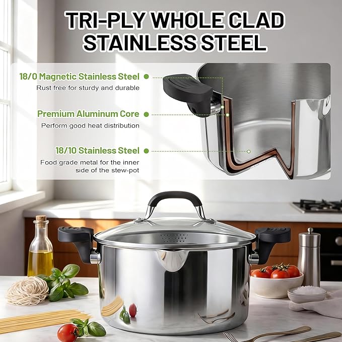 E-far Pasta Pot with Strainer Lid, 6 Quart Tri-Ply Stainless Steel Stock Pot & Push and Lock Handles, Non-toxic Multipurpose Cooking Pot for All Cooktops, Heavy Duty & Dishwasher Safe