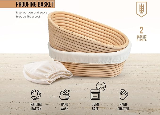Kook Banneton Bread Proofing Baskets, Artisan Sourdough Bread Making Baskets, 9.8 Inch Handwoven Rattan Baskets and Cloth Liners, Set of 2, Oval