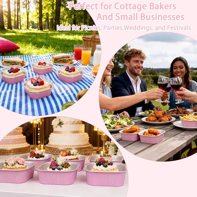 200 Pack 10 oz Pink Square Mini Cake Pans with Lids, Aluminum Foil Square Brownie Baking Cups for Ramekins Muffin Cupcake Wedding Birthday Party