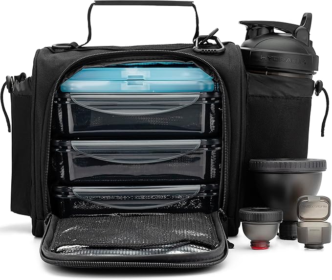 Hydra Cup Insulated Lunch Bag with Containers - Travel Meal Bag, Ice Packs, Shaker Bottle, Protein Funnels & Luggage Strap