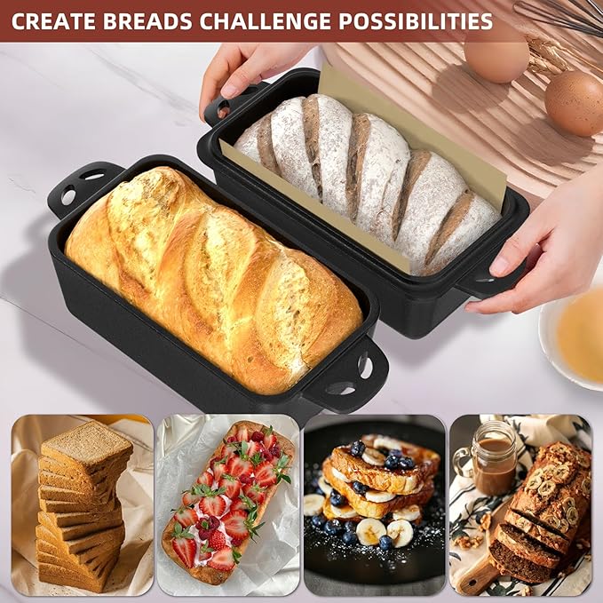 9×5 Inch Cast Iron Loaf Pan with Lid, 2-in-1 Bread Baking Pans for Homemade Bread, Pre-Seasoned | Even Heat Distribution, 2 Piece Set