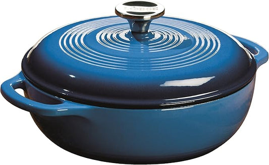 Lodge 3 Quart Enameled Cast Iron Dutch Oven with Lid – Dual Handles – Oven Safe up to 500° F or on Stovetop - Use to Marinate, Cook, Bake, Refrigerate and Serve – Caribbean Blue