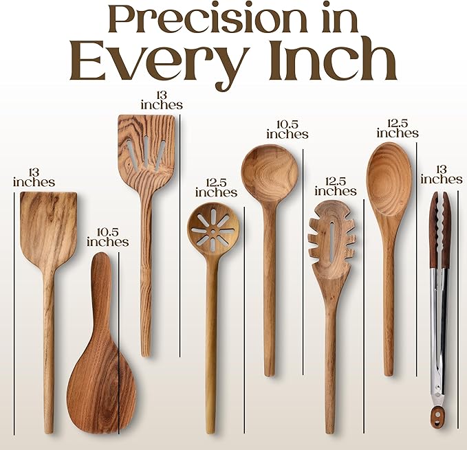 8 Piece Teak Wooden Cooking Spoons Set – Wooden Utensil Set with Spatula Scraper Pasta Spoon Rice Paddle Tongs for Everyday Cooking, Smooth Sanded Finish, Comfortable Grip Handles, Gentle on Cookware