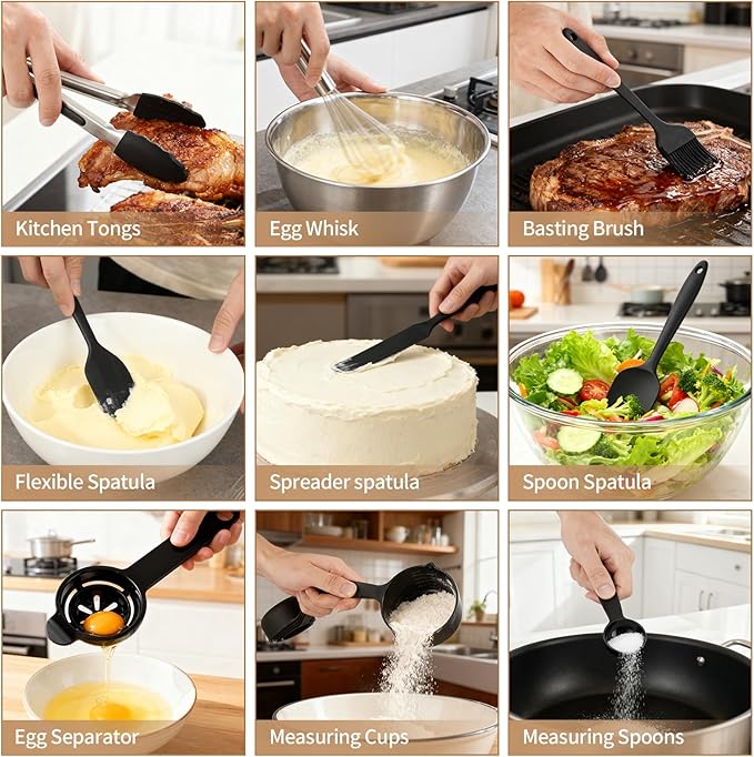 Deedro Premium Mixing Bowls with Airtight Lids Set, 22Pcs Thicker Stainless Steel Mixing Bowl Set, Large Prep Metal Bowls, Non-Slip Silicone Base Nesting Bowls for Kitchen, 1.5/2/3/4/5 QT, Black