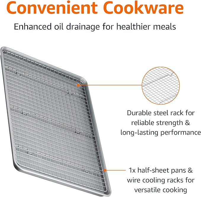 Amazon Basics Ceramic Nonstick Baking Sheet & Cooling Rack Set, PTFE & PFOA Free, Dishwasher Safe, Oven Safe, Half Sheet Size, Gray, 1-Pack