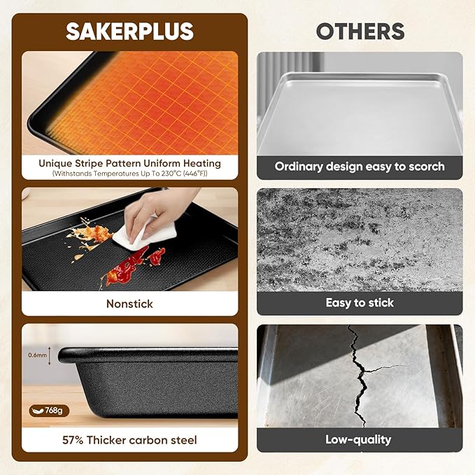 Nonstick Baking Sheet Pan Set of 3, Heavy Duty Cookie Sheets for Oven with Stripe Texture Pattern, 0.6mm Thick Quarter/Half/Jelly Roll Pans, Rust-Resistant & Easy Clean (Black)