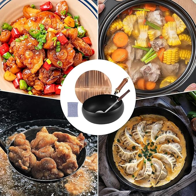 Hand-Forged Cast Iron W ok Pan, Big Belly Pot with Wood Lid, Cast Iron Frying Pan No Chem-ical Coated, Traditional Japanese Cookware for Induction, Ideal for All Hobs