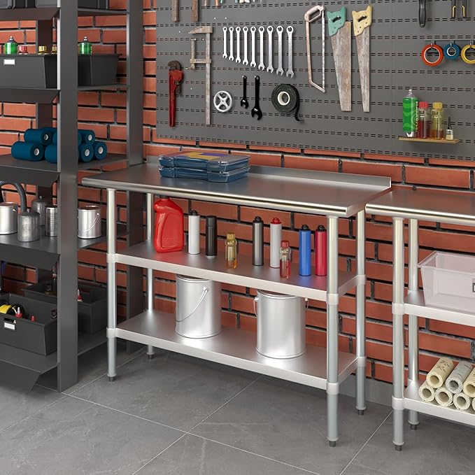 AmGood Stainless Steel Work Table with 1.5" Backsplash and 2 Shelves | NSF (48" Long x 18" Deep)
