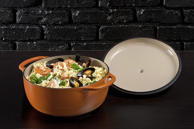 Lodge Essential Enamel Cast Iron Dutch Oven - Perfect for Bread Baking, Braising, Marinating & Slow Cooking - Features Moisture-Sealing Lid & Dual Handles - Kitchen Essentials - 6 Quarts - Pumpkin