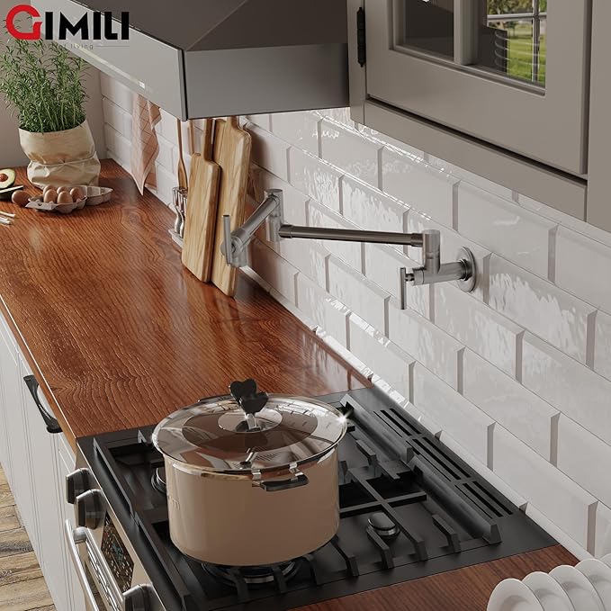 GIMILI Pot Filler Brushed Nickel Commercial Wall Mount Faucet Folding Double Joint Swing Arm Wall Faucet