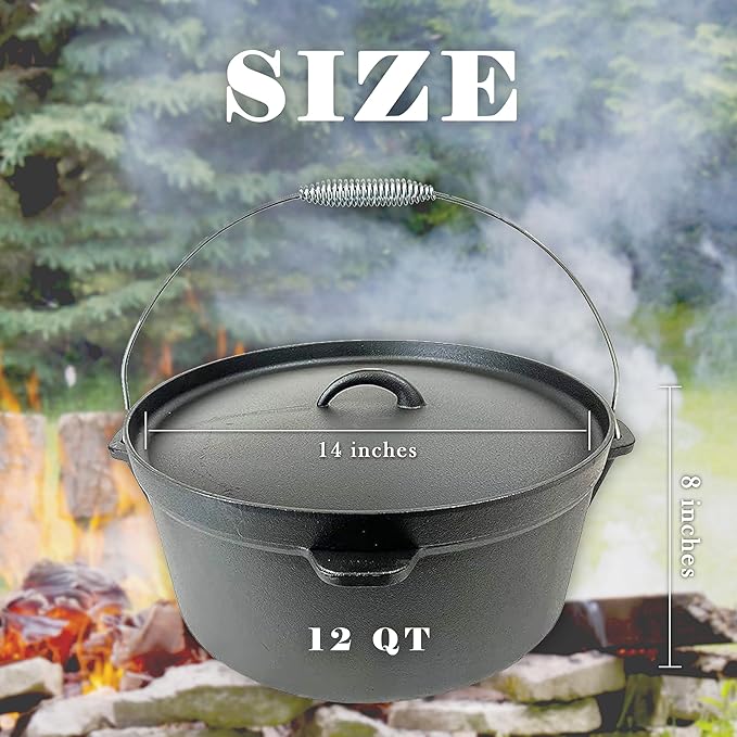 Cuisiland 12 Quart Cast Iron Dutch Oven with Lip Lid & Bail Handle – Pre-Seasoned Large Campfire Pot for Outdoor Cooking, Roasting, Baking & Stews – Heavy-Duty Cookware with Even Heat Distribution