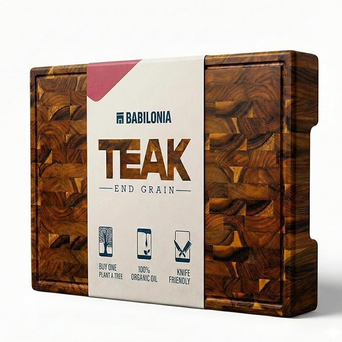 Teak Cutting Board - 19.7 x 12.2 Inch (ExtraThick 1.7") Premium Quality Butcher Block for Meat, Cheese, Charcuterie Board. Heavy Duty End Grain Wood Chopping Board with Handle (Oil & Plate Included)