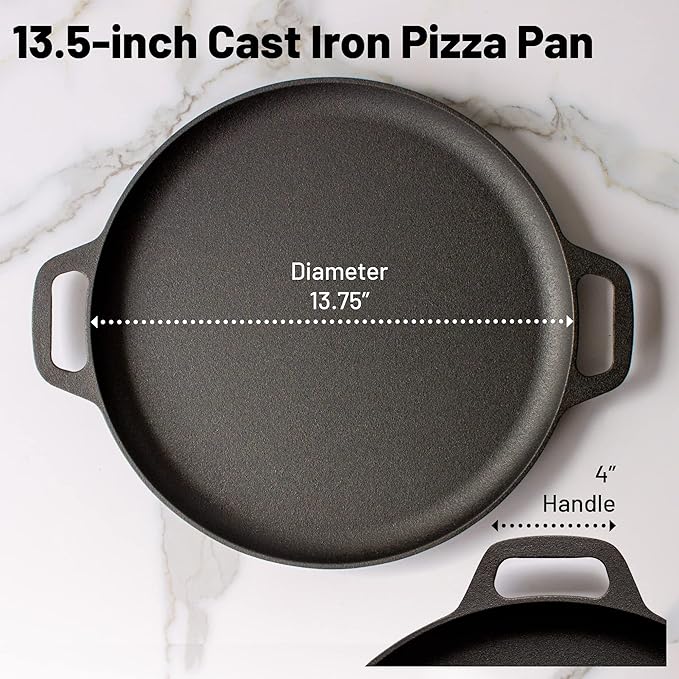 13.5 Inch Cast Iron Pizza Pan with Loop Handles Pre-Seasoned