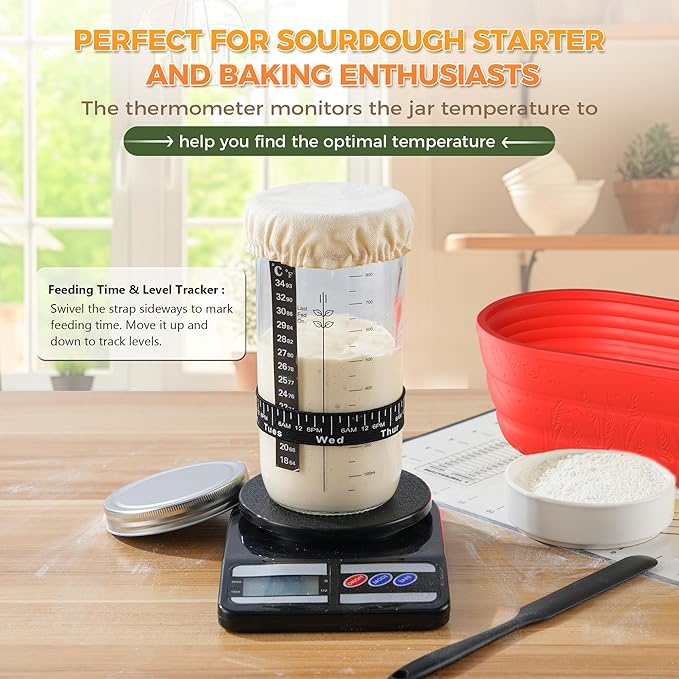 Sourdough Bread Baking Supplies 34 oz Sourdough Starter kit with Pot, 2 Silicone Bread Proofing Baskets, and Bread Making Tools Kit - Red