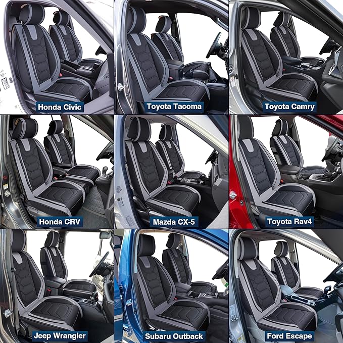 OASIS AUTO Car Seat Covers Front Seats, Sporty Honeycomb Waterproof Faux Leather Protectors, Universal Fit for SUV, Sedan, Truck Interior Accessories (OS-004 Black&Gray)