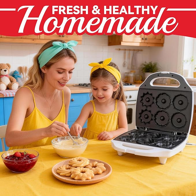 Mini Donut Maker Machine, Electric Mini Bundt Cake Pan, Bake 6 Bundt Doughnuts with 3 Shapes, Excellent for Breakfast, Snacks, Desserts & More