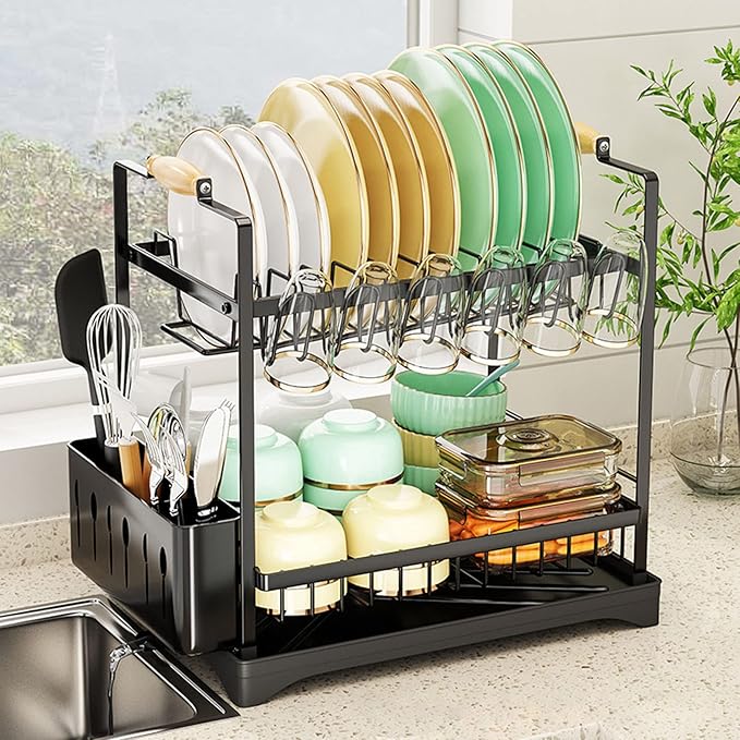 Large Dish Drying Rack, Multifunctional 2-Tier Dish Rack for Kitchen Counter, Anti-Rust Drying Dish Rack with Cutlery and Cup Holders for Various Kitchenware, Black