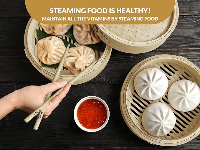 Bamboo Steamer 11-inch 2 Tier Dumpling Steamer Basket with Lid & 4 Chopsticks, Reusable Silicone Liners,Ring Adapter, Bun, Dim Sum, Rice Potsticker Steaming Chinese Asian Food & Vegetables, Fish, Meat.