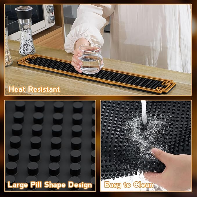 2 Pcs 24 x 4 Inch Bar Mat Non Slip Rubber Mat with Gold Border Durable Stylish Spill Cocktail Service Coffee Mats for Restaurants Barbershop Clippers Bartending, Black