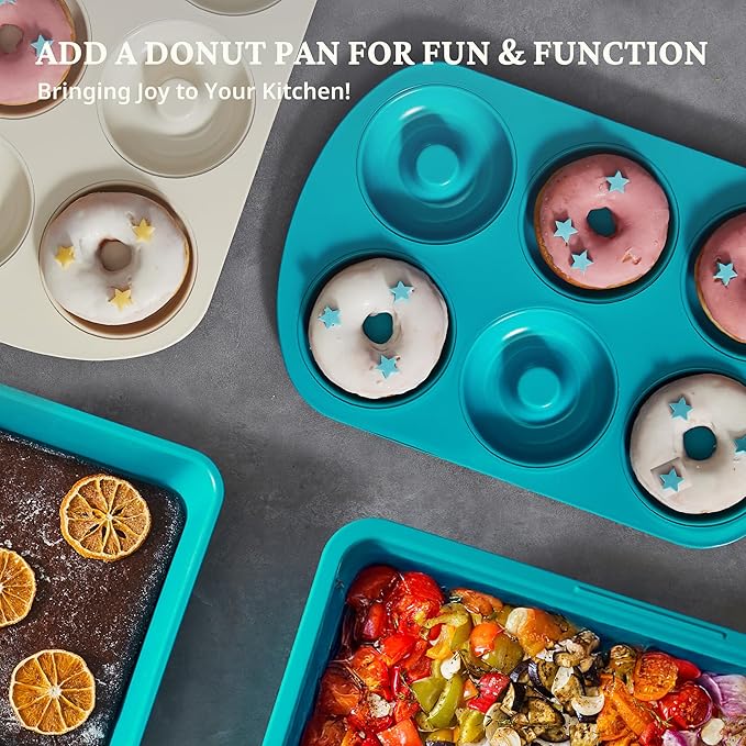 BRONYPRO Ceramic Baking Pans Set, 9-Piece Baking Sheet Set with Non-Stick Coating and Innovative Handles, Includes Exclusive Donut Pan – Ideal for Home and Professional Baking(Turquoise)