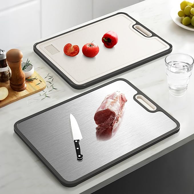 Double-Sided GR1 Titanium&Wheat Straw Cutting Board,15”*10“ Cutting Board for Kitchen, Non toxic Chopping Board for Meat & Vegetables, Non-Slip Silicone Edge, Juice Groove