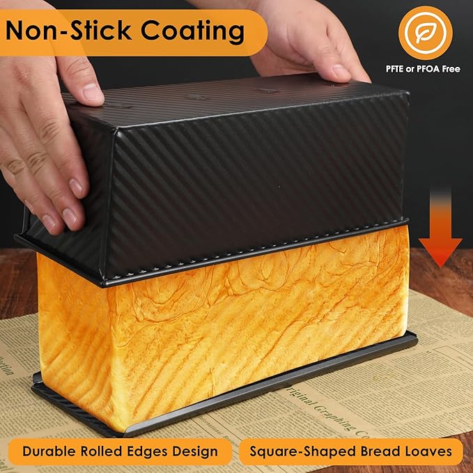 2-Pack Black 13inch Pullman Loaf Pan with Lid, Premium Non-Stick Coating Bread Pan, PFTE and PFOA-Free, Safe and Healthy Baking for Homemade Bread with Family-sized
