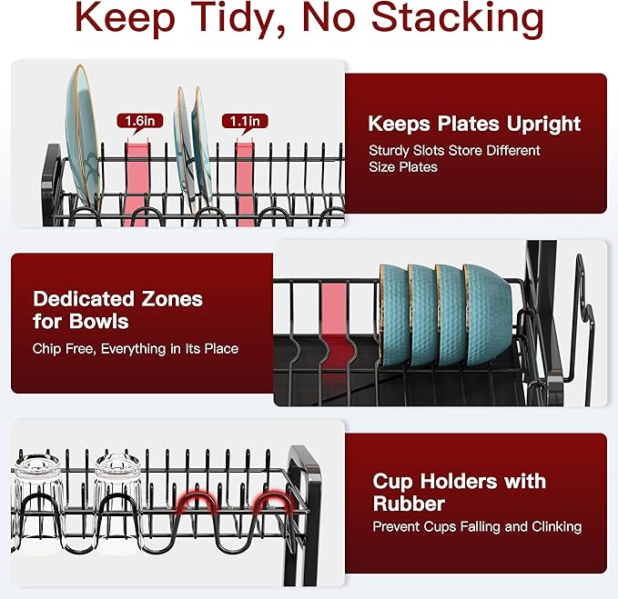 2 Tier Dish Drainers Drying Rack for Kitchen Counter Large Stainless Steel Dishes Drain with Drainboard, Space Saving, Big Modern Black Countertop Metal Plates Dryer Strainer Holder and Extra Tray