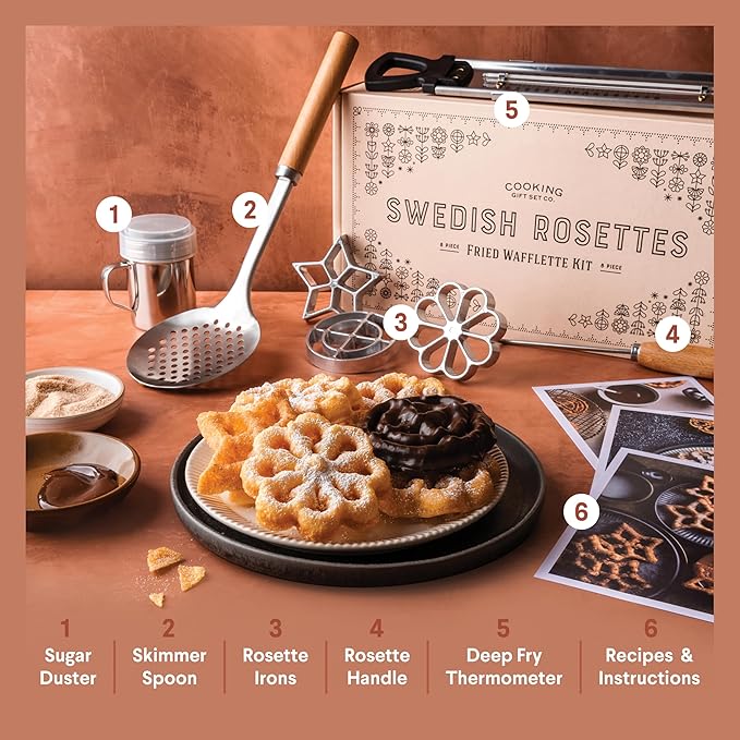 Swedish Rosette Iron Set with Handle Cooking Gifts – Rosette Maker & Bunuelos Mold Valentine's Day Baking Essentials | Funnel Cake Maker & Waffle Iron Kit – Rosettes Unique Baking Gift Set for Women